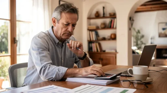 Propietario calculando la actualización del alquiler con documentos y calculadora sobre escritorio
