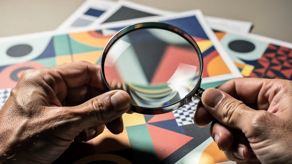 Manos sosteniendo lupa sobre documentos con patrones geométricos coloridos