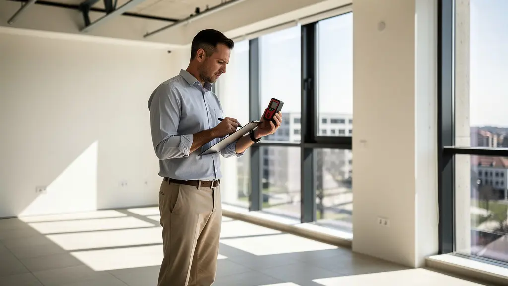 Arquitecto técnico realizando inspección de vivienda con planos y herramientas de medición