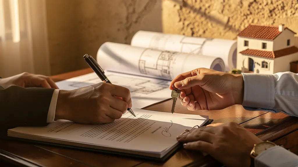 Negociación de contrato de arras inmobiliarias con documentos y llaves de propiedad