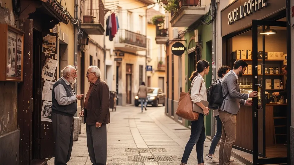 Calle de barrio tradicional con mezcla de comercios antiguos y nuevos cafés modernos