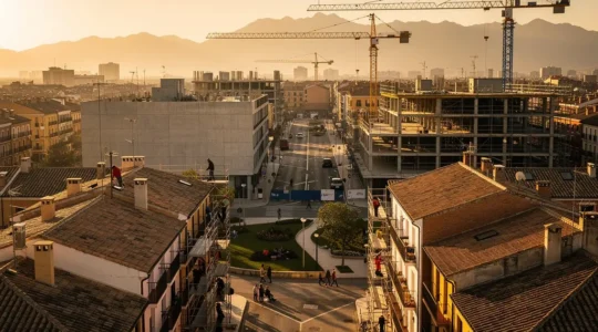 Vista aérea de un barrio en transformación con grúas y nuevas construcciones mezcladas con edificios tradicionales