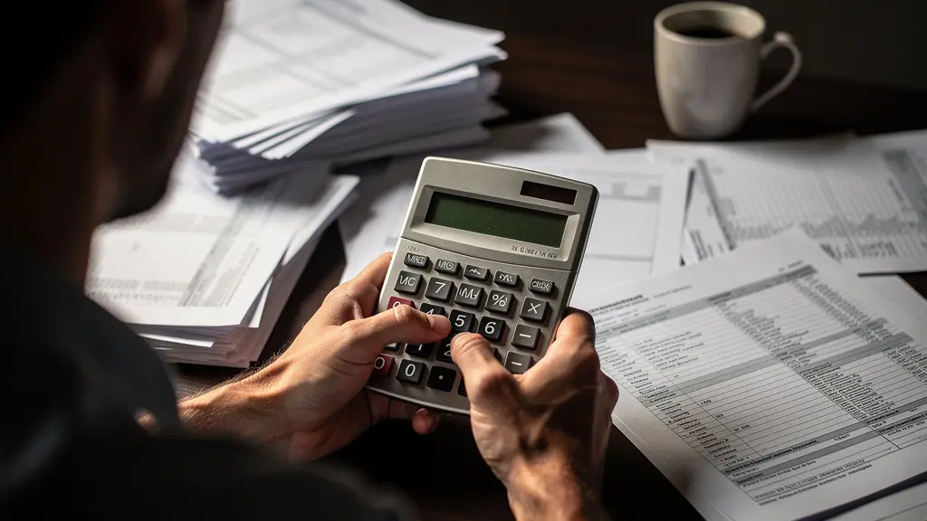 Mesa de trabajo con calculadora y papeles fiscales desenfocados