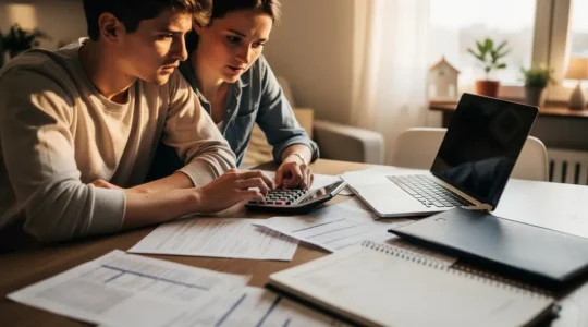 Persona calculando el 35% de sus ingresos para determinar su capacidad hipotecaria con documentos financieros