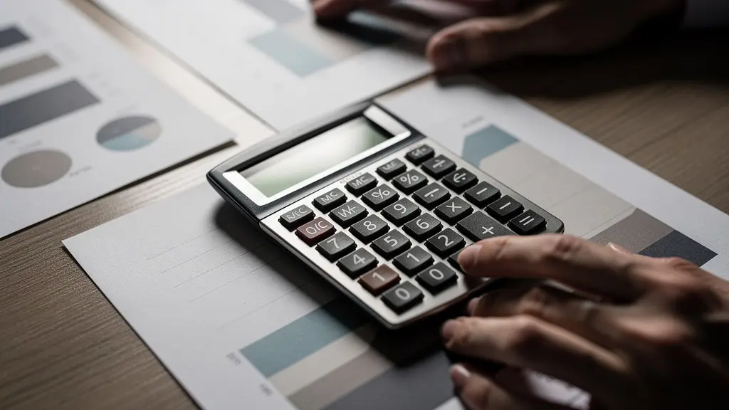 Mesa con calculadora, documentos fiscales y gráficos de valoración inmobiliaria