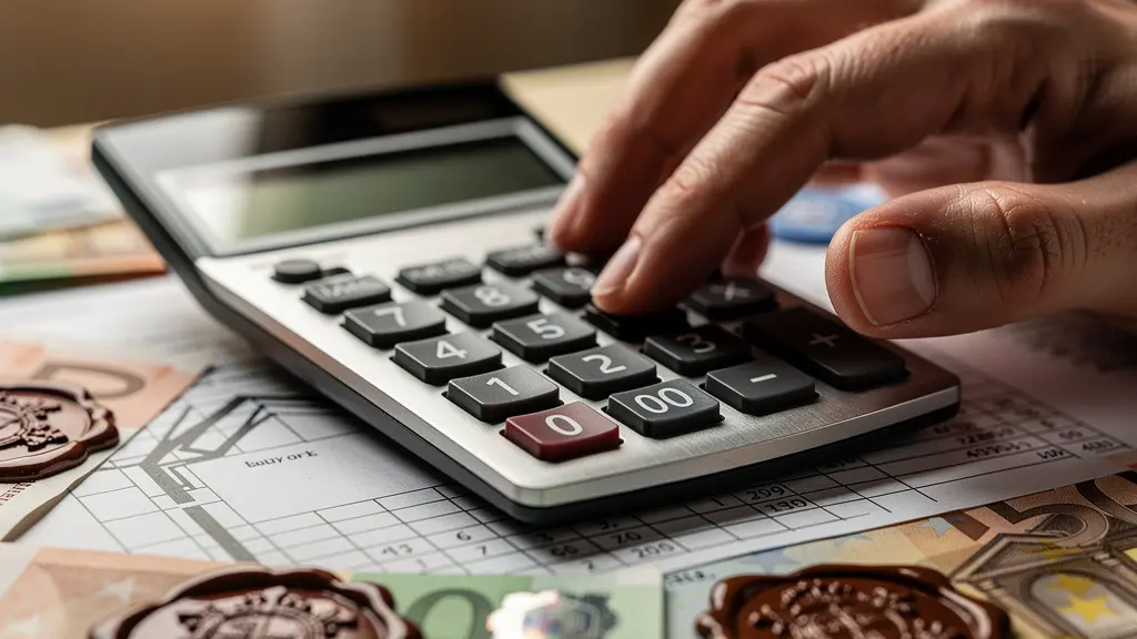 Calculadora y documentos de gastos de registro sobre mesa de oficina