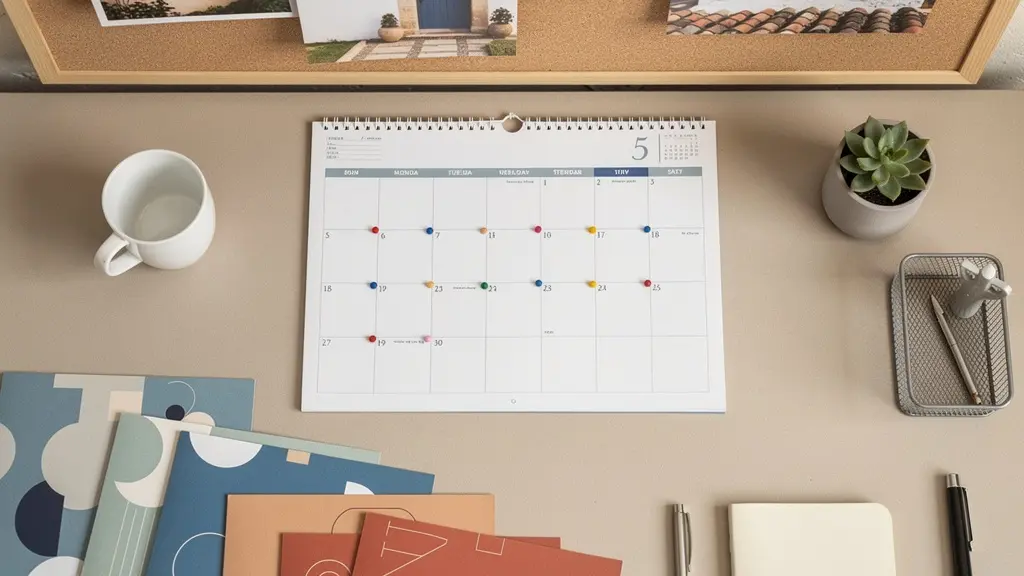 Vista aérea de escritorio con calendario anual marcado y documentos de diferentes propiedades organizados