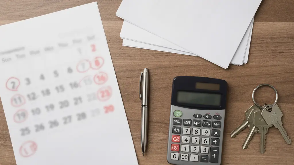 Mesa de trabajo con calendario marcado, documentos contractuales y calculadora mostrando cálculos financieros