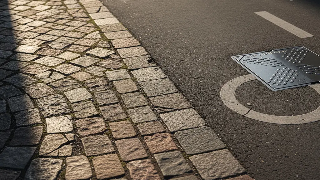 Calle de centro histórico con carril bici integrado y espacios peatonales compartidos