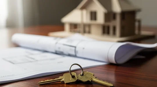 Documentación legal de vivienda sobre mesa con llaves y casa modelo en segundo plano