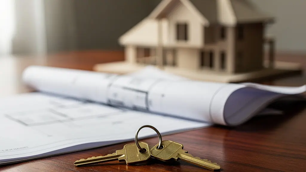 Documentación legal de vivienda sobre mesa con llaves y casa modelo en segundo plano