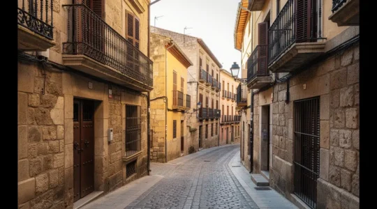 Vista de un casco histórico español con edificios tradicionales de piedra y balcones de hierro forjado