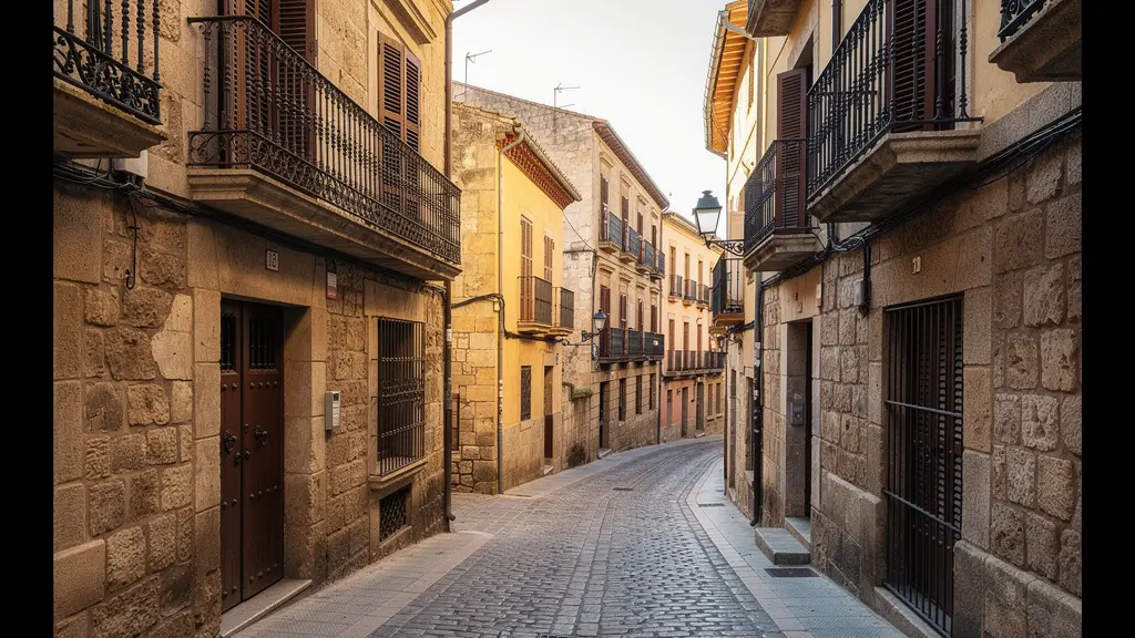 Vista de un casco histórico español con edificios tradicionales de piedra y balcones de hierro forjado