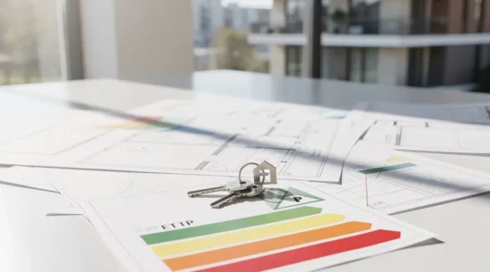 Certificado energético y llaves de vivienda sobre plano arquitectónico