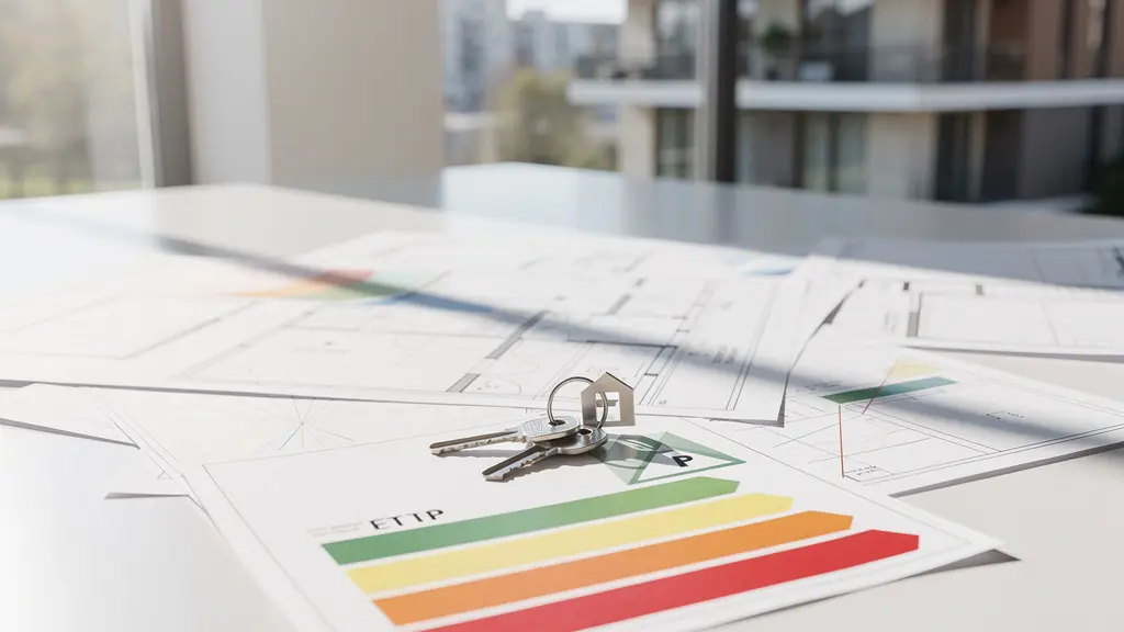 Certificado energético y llaves de vivienda sobre plano arquitectónico