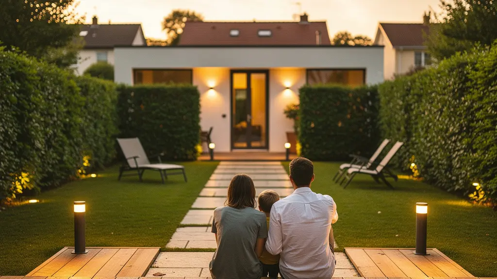 Chalet con jardín iluminado al atardecer mostrando ambiente seguro y acogedor