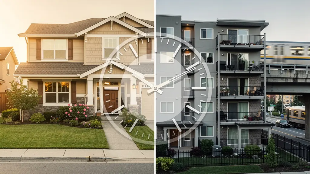 Composición visual comparando casa grande alejada con piso pequeño céntrico