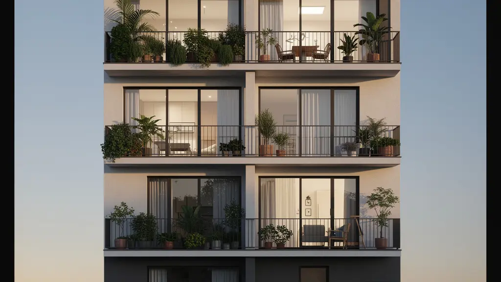 Vista en sección de un edificio mostrando diferentes calidades y características de apartamentos en distintas plantas