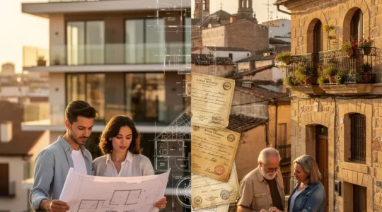 Comparación visual entre un piso moderno de obra nueva y un edificio histórico de segunda mano en el centro de una ciudad española