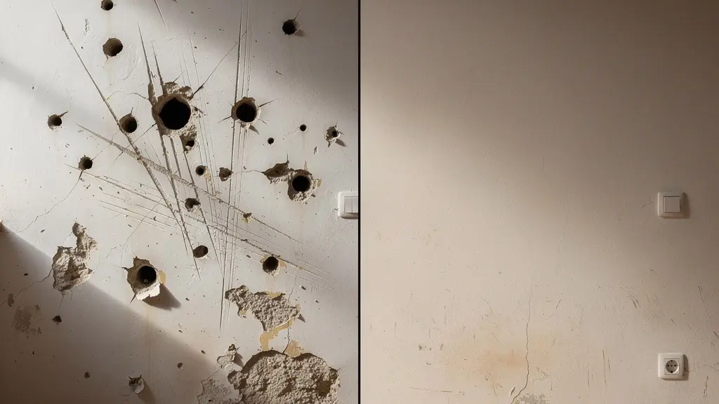 Comparación lado a lado de daños por vandalismo deliberado versus deterioro por uso normal en una pared.