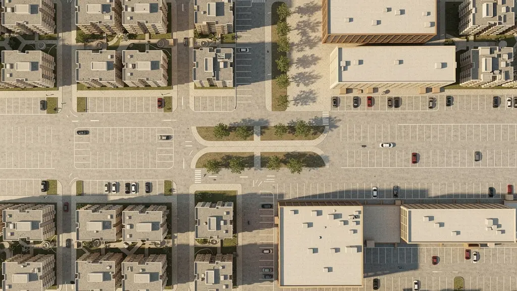 Vista aérea minimalista de diferentes tipos de propiedades inmobiliarias dispuestas geométricamente