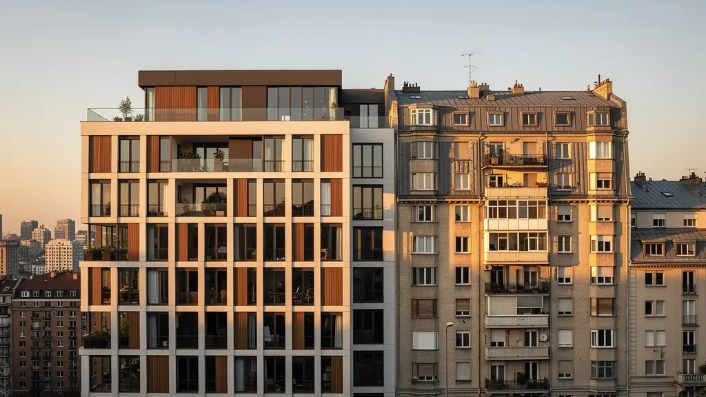 Vista de edificio moderno eficiente junto a construcción tradicional
