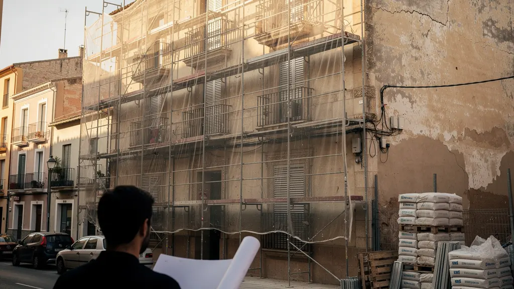 Comprador analizando documentos de inspección técnica frente a edificio con andamios de rehabilitación