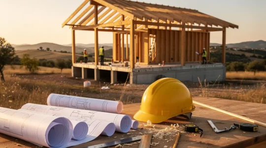 Vista de un chalet en construcción con planos arquitectónicos y documentos de memoria de calidades sobre una mesa de obra