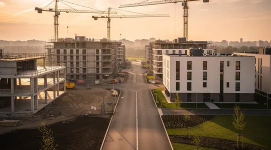 Vista panorámica de un desarrollo urbanístico moderno con grúas de construcción y viviendas en distintas fases de edificación