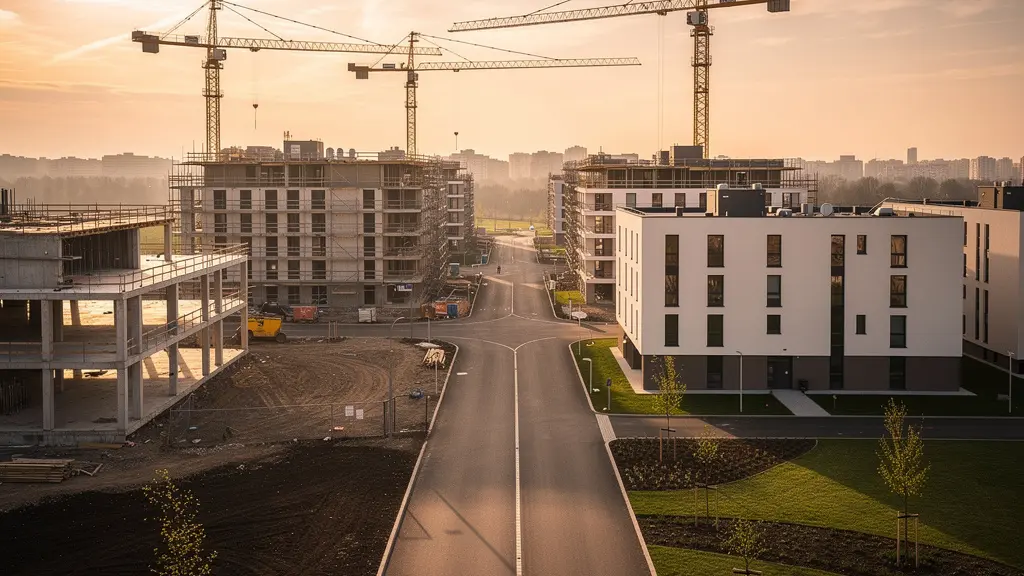 Vista panorámica de un desarrollo urbanístico moderno con grúas de construcción y viviendas en distintas fases de edificación