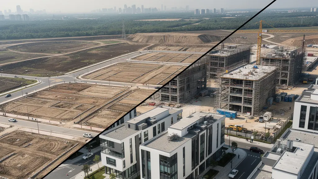 Vista aérea de un desarrollo urbanístico mostrando diferentes etapas de construcción desde terreno vacío hasta edificios completados
