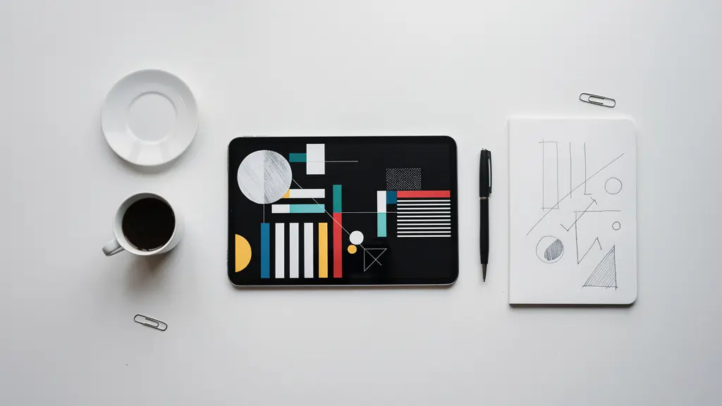Vista aérea de escritorio con tableta mostrando gráficos abstractos de rendimiento
