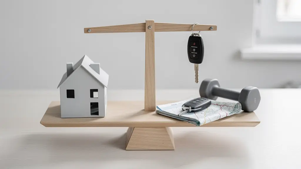 Balanza equilibrando una casa en miniatura con símbolos de estilo de vida