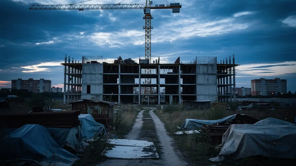 Obras de construcción paralizadas con grúas inmóviles y estructuras de hormigón sin terminar al atardecer