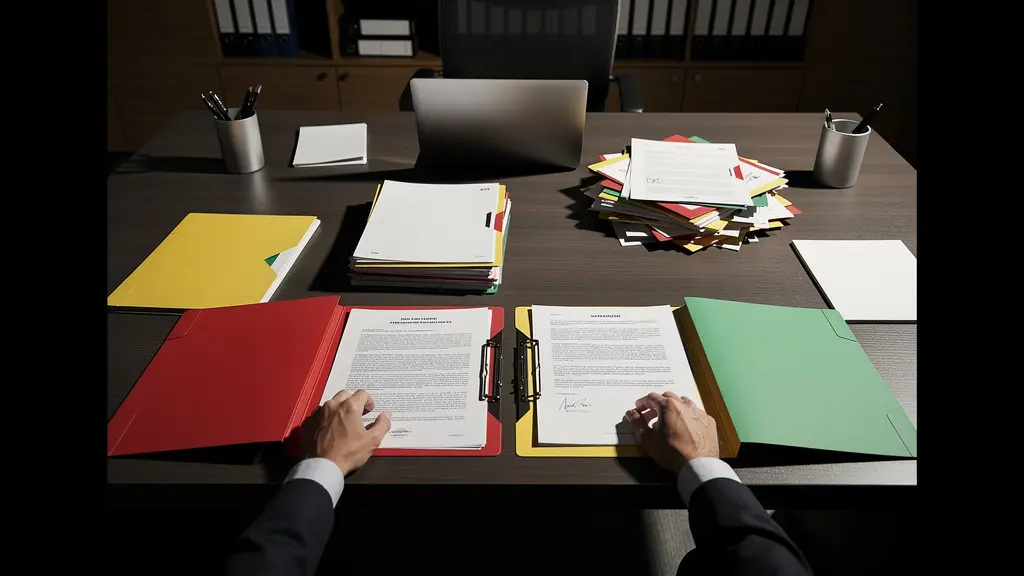 Manos organizando documentos legales y carpetas en escritorio profesional