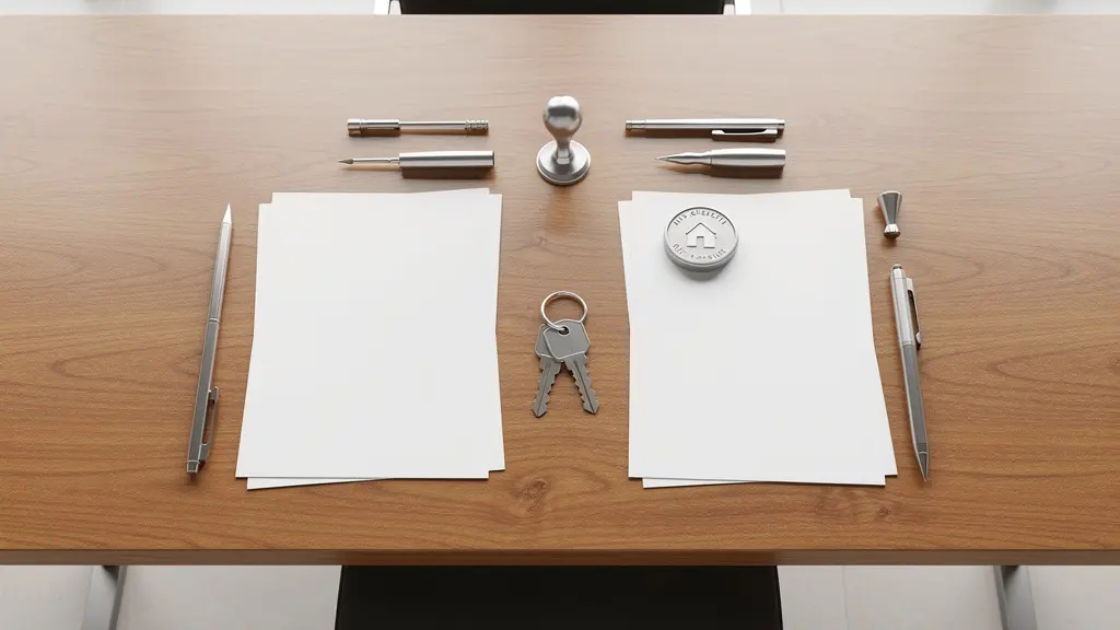 Mesa con documentos de propiedad y escrituras organizados para registro