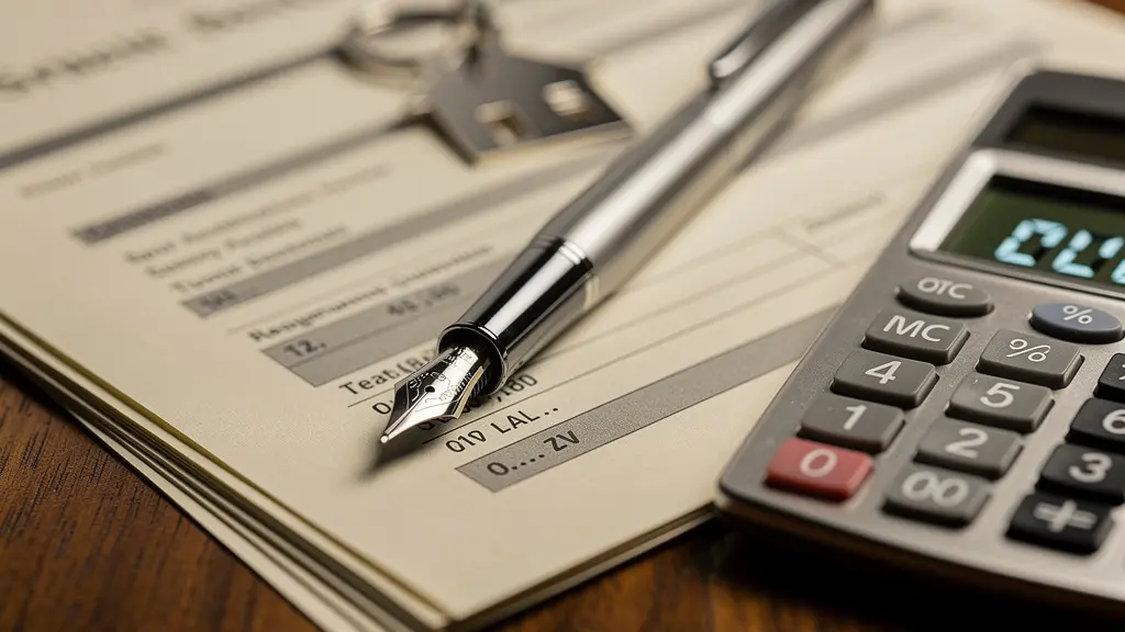 Mesa de trabajo con documentos de reserva inmobiliaria y calculadora