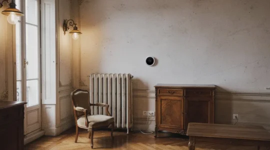 Vista interior de un piso antiguo con elementos domóticos sutiles integrados en la decoración clásica