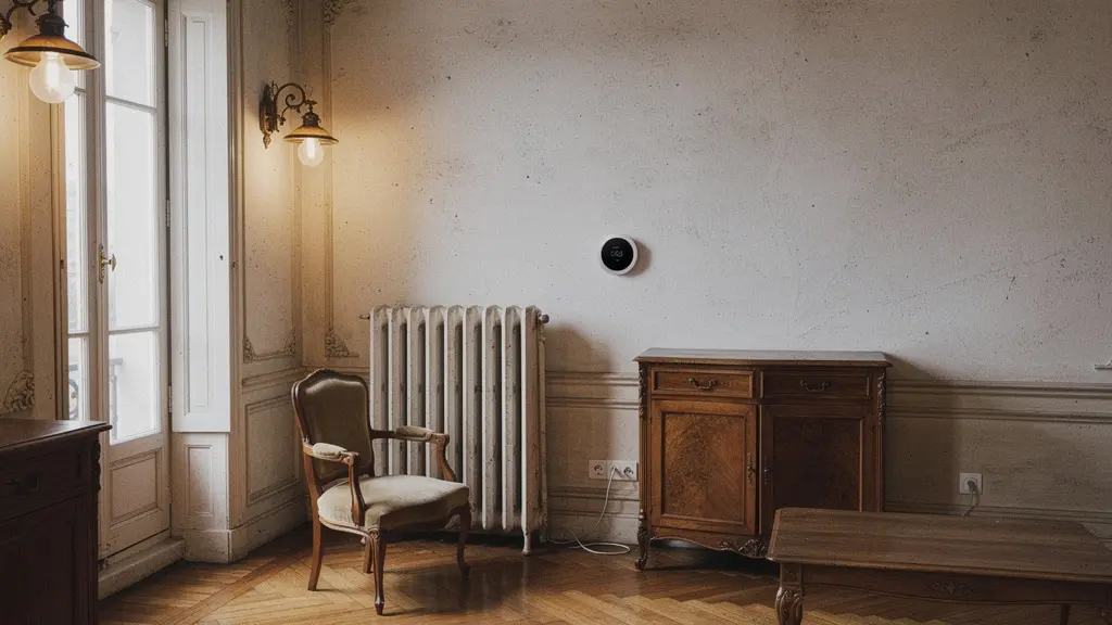 Vista interior de un piso antiguo con elementos domóticos sutiles integrados en la decoración clásica