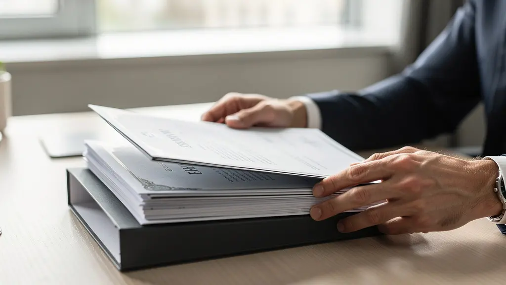 Carpeta profesional con documentos organizados y certificaciones laborales sobre mesa ejecutiva