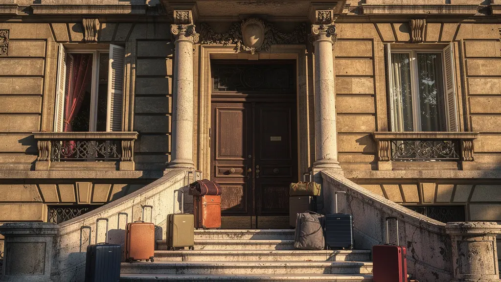 Entrada de edificio histórico con múltiples maletas indicando alta rotación de turistas