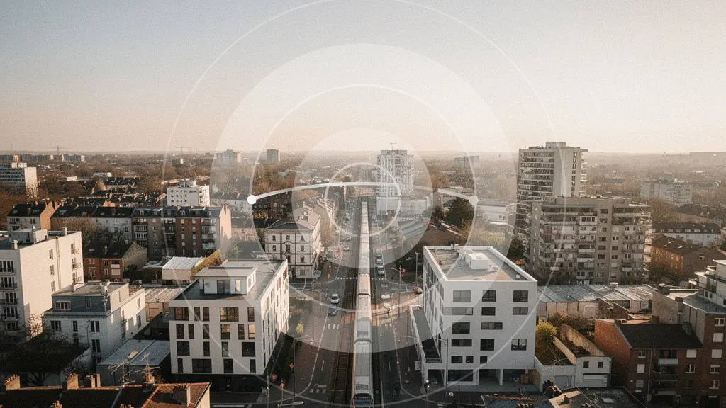 Vista aérea de barrio residencial con estación de metro visible y círculos concéntricos de distancia