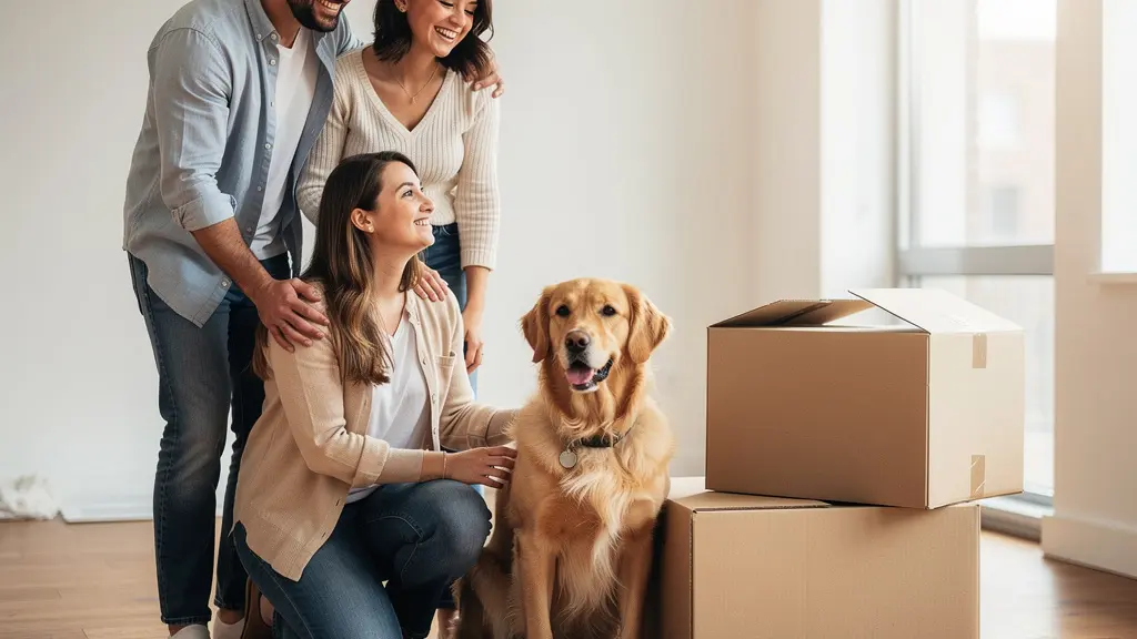 Familia feliz con perro golden retriever durante mudanza a nuevo apartamento