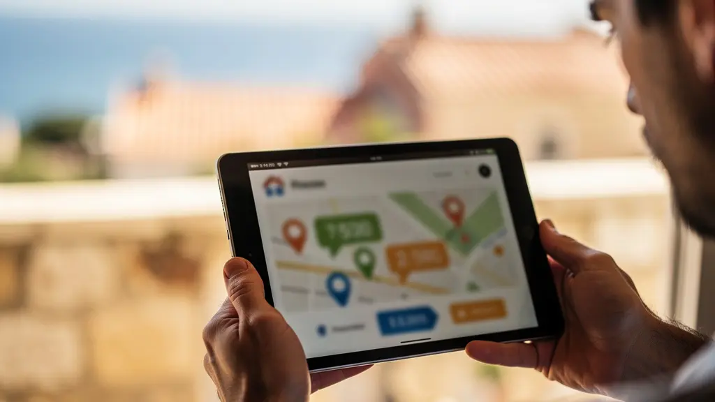 Manos sosteniendo una tableta que muestra un mapa abstracto con marcadores de ubicación y precios, simbolizando la frustración de la búsqueda inmobiliaria.