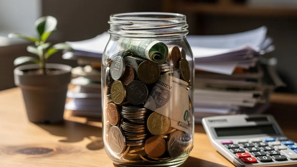 Hucha de cristal con monedas junto a calculadora y documentos hipotecarios representando el fondo de emergencia