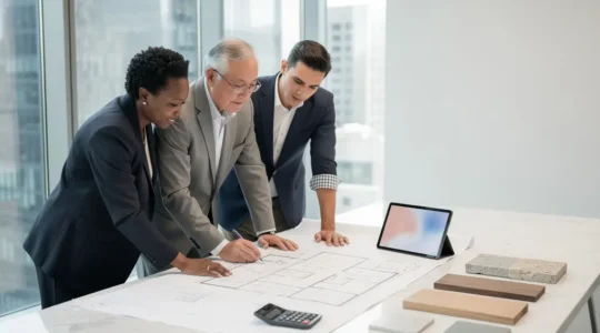 Inversores comparando planos de pisos y calculando rentabilidad de reforma en oficina luminosa
