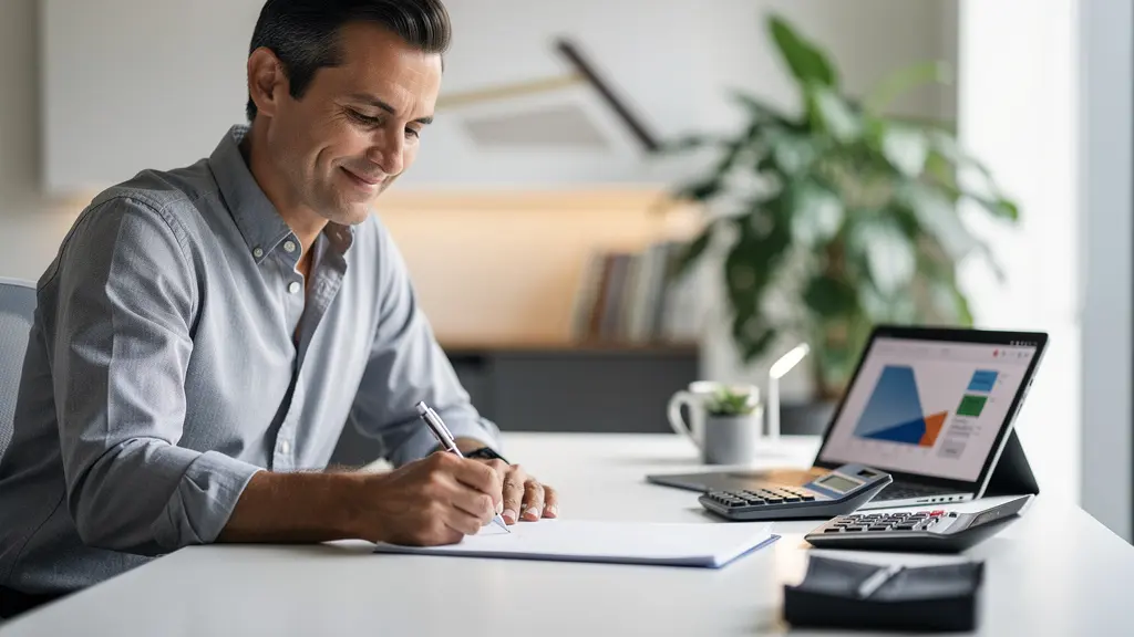 Propietario revisando contrato de alquiler en oficina moderna con calculadora y documentos