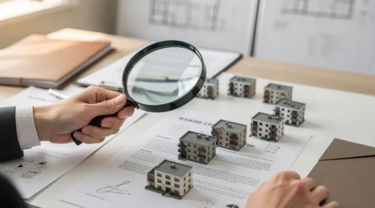 Propietario revisando documentos legales sobre grandes tenedores con edificios de viviendas al fondo