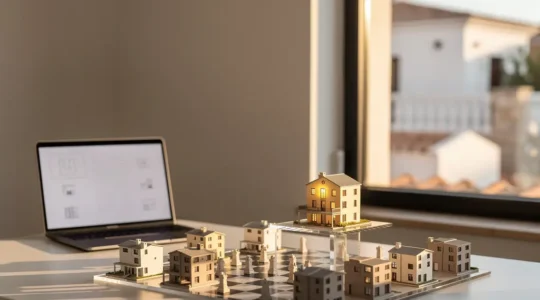 Vista aérea de una pantalla de ordenador mostrando anuncios inmobiliarios con una casa destacada iluminada en primer plano
