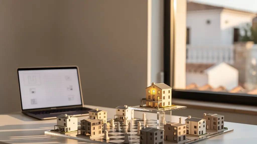 Vista aérea de una pantalla de ordenador mostrando anuncios inmobiliarios con una casa destacada iluminada en primer plano